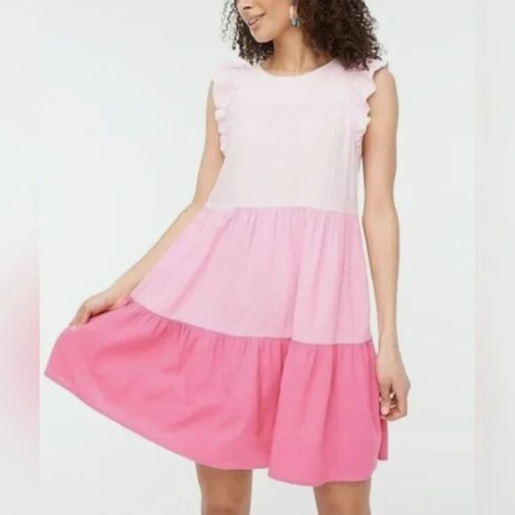 J. Crew Linen Blend Ruffle Sleeve Tiered Pink Mini Dress Size 2 - Picture 1 of 11